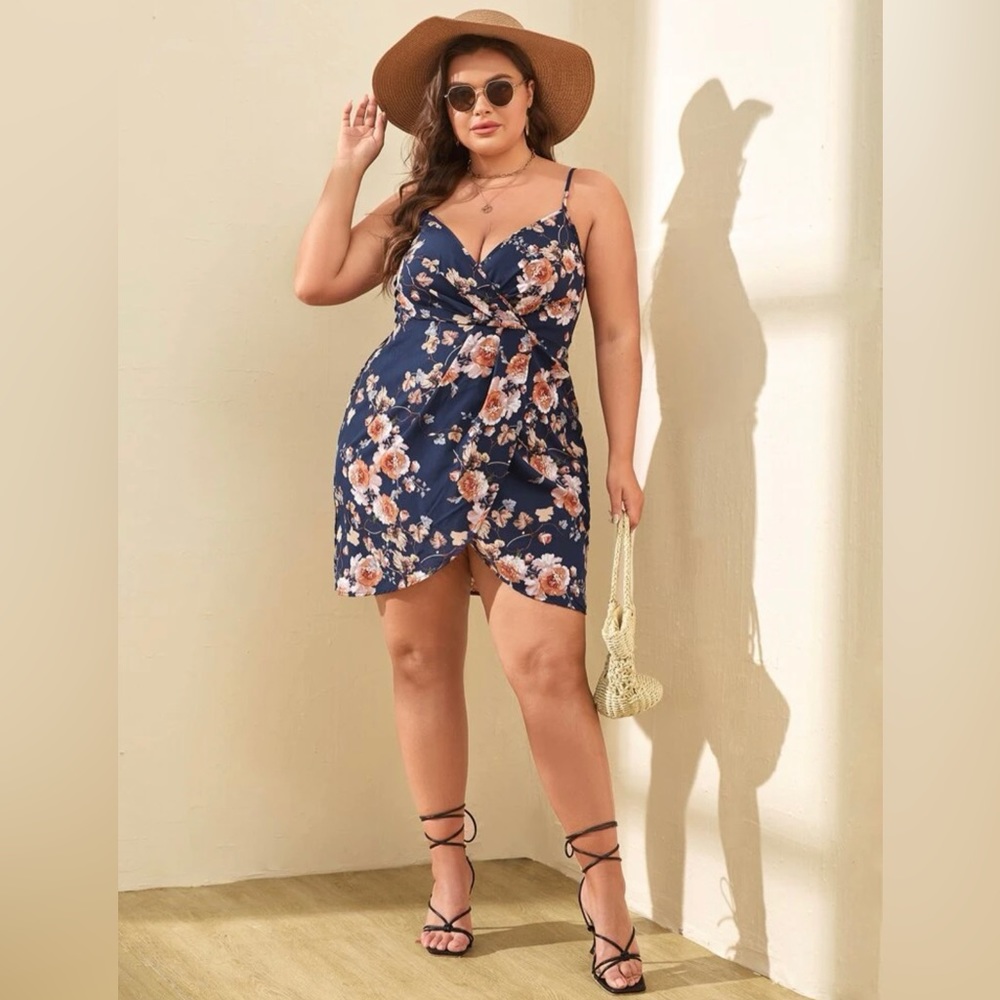 SHEIN | VCAY Plus Floral Print Ruched Wrap Hem Cami Dress | Size 1XL (14) | NEW